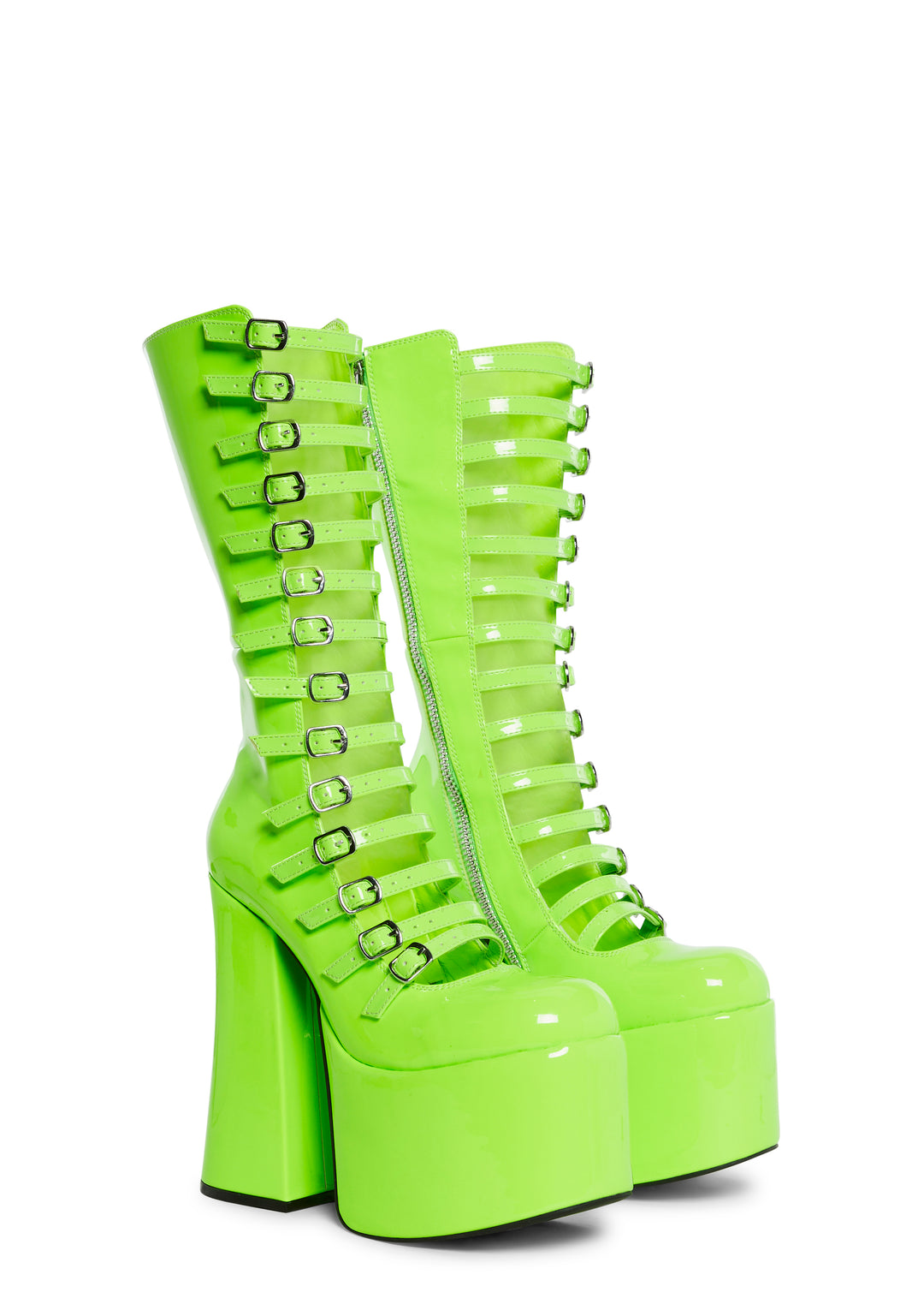 Patent Vegan Leather Buckle Zip Up Boots Current Mood - Green - Image 3