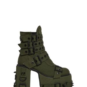 Canvas Buckle Zip Up Boots With Studs Widow - Green