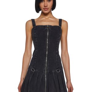 Womens Washed Denim Mini Dress With Front Zipper Closure Current Mood - Black