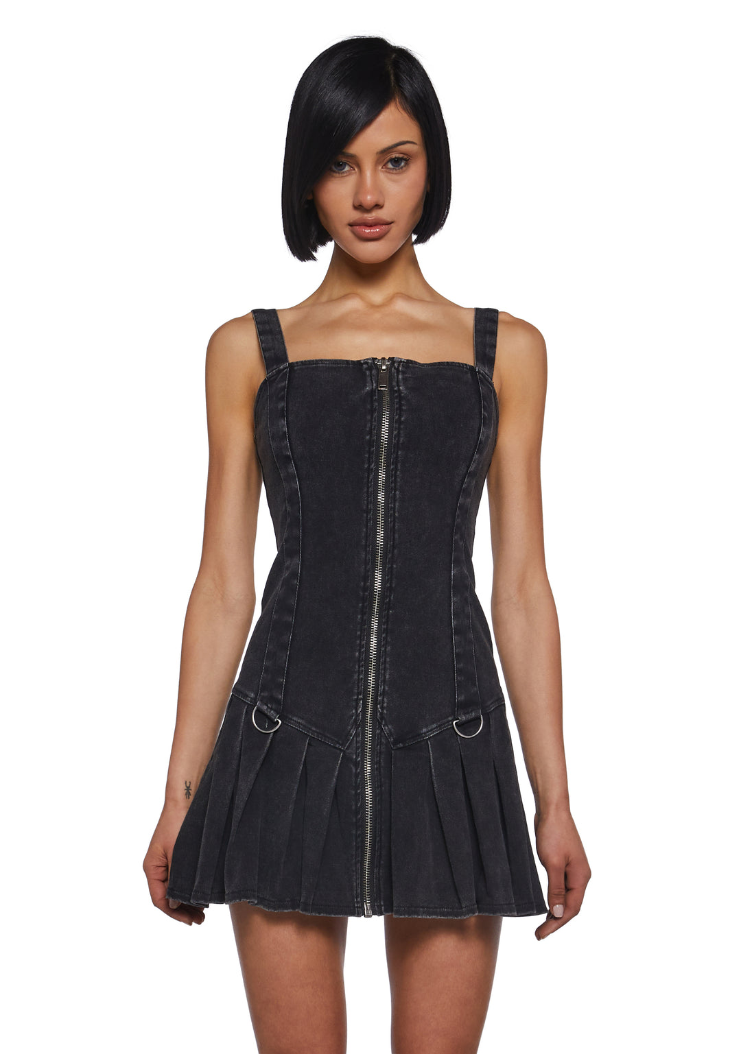 Womens Washed Denim Mini Dress With Front Zipper Closure Current Mood - Black