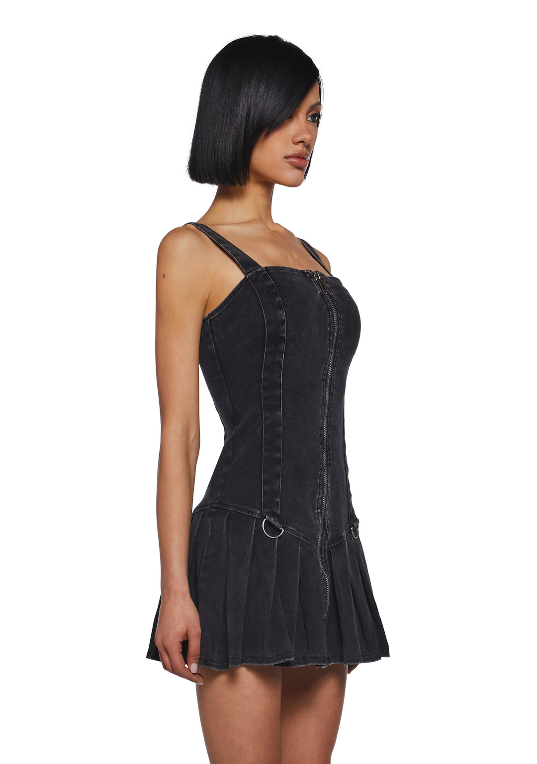 Womens Washed Denim Mini Dress With Front Zipper Closure Current Mood - Black - Image 3