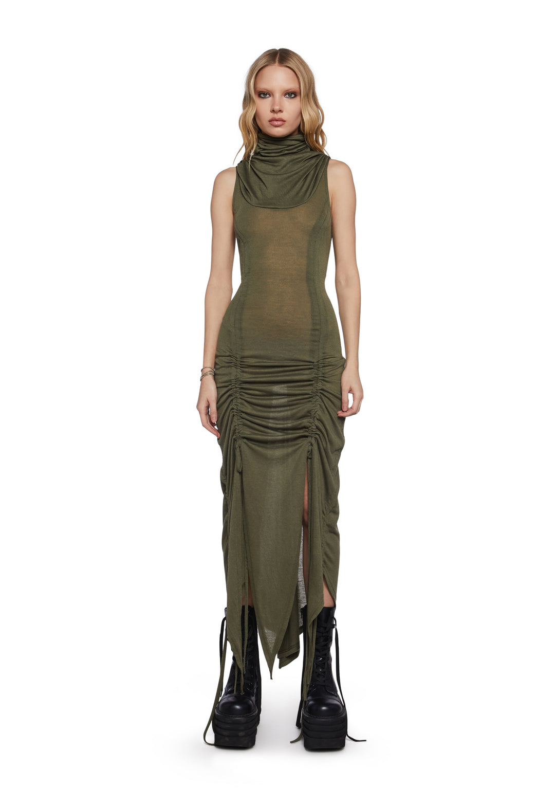 Darker Wavs Hooded Ruched Harness Dress - Green