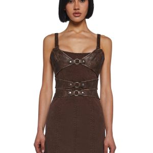 Womens Matte Vegan Leather And Twill Corset Mini Dress Darker Wavs - Brown