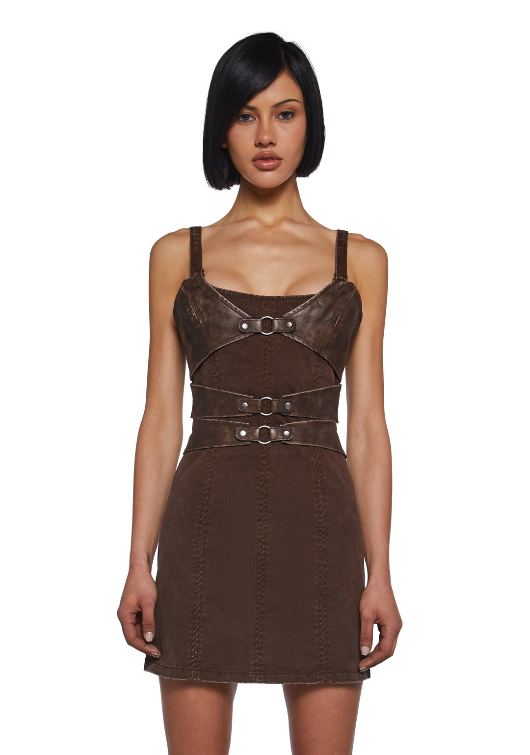 Womens Matte Vegan Leather And Twill Corset Mini Dress Darker Wavs - Brown