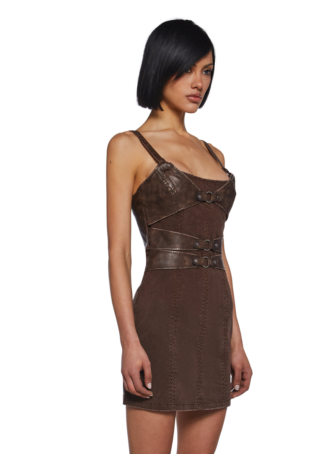 Womens Matte Vegan Leather And Twill Corset Mini Dress Darker Wavs - Brown - Image 3