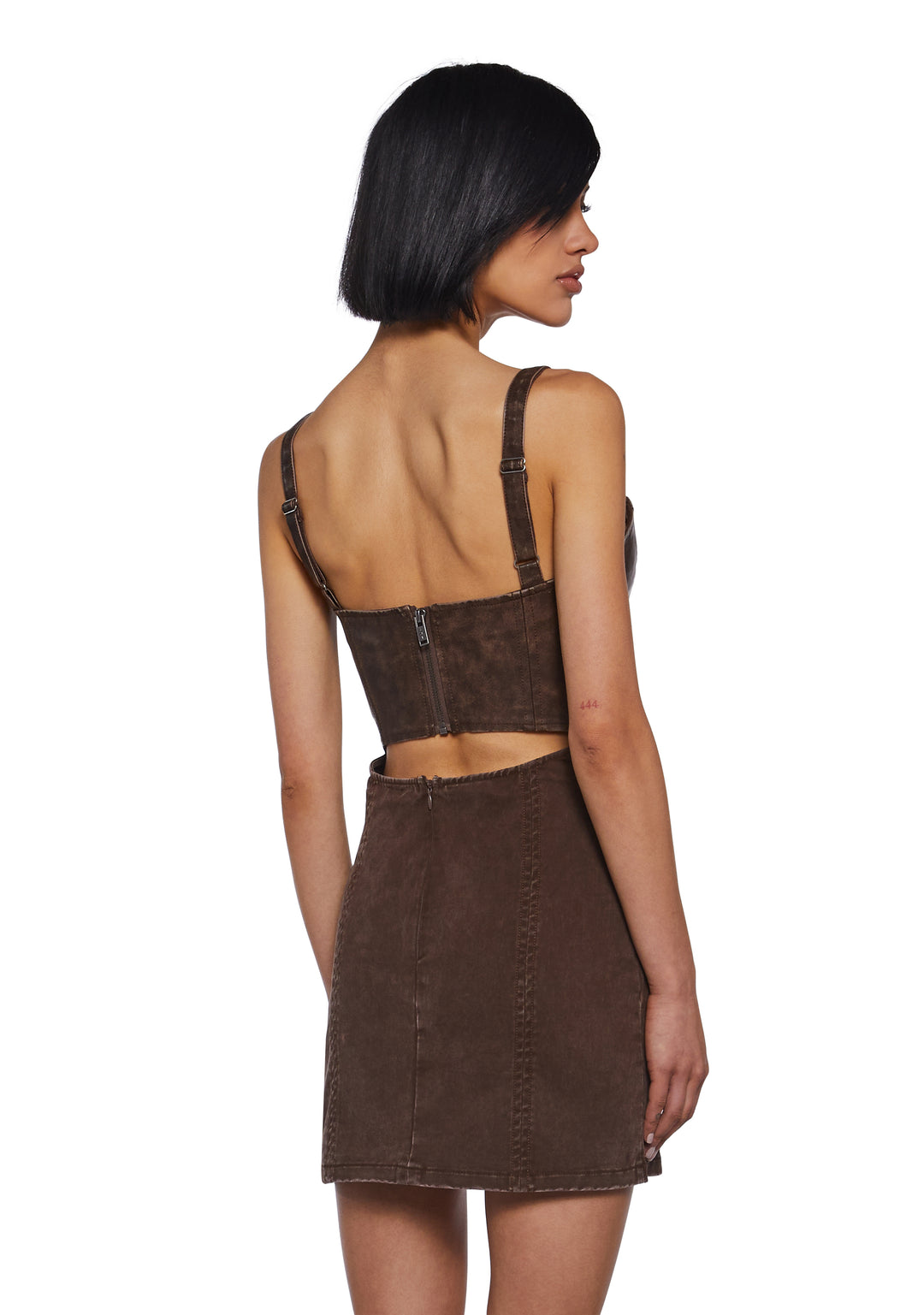 Womens Matte Vegan Leather And Twill Corset Mini Dress Darker Wavs - Brown - Image 4
