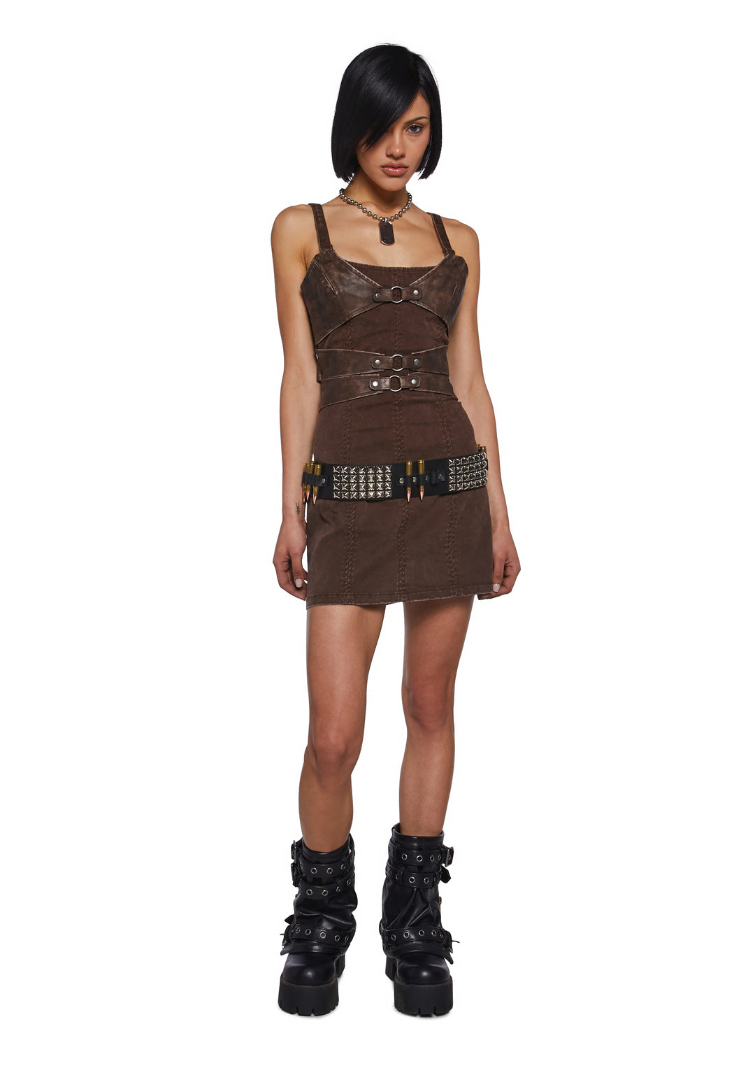 Womens Matte Vegan Leather And Twill Corset Mini Dress Darker Wavs - Brown - Image 7