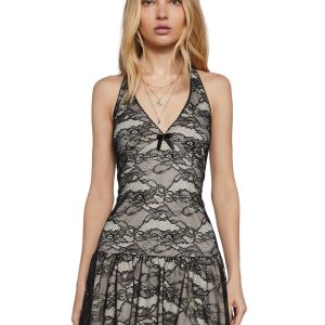 Womens Floral Lace Halter Dress Current Mood - Black