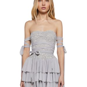 Womens Strapless Lace Mini Dress Widow - Silver