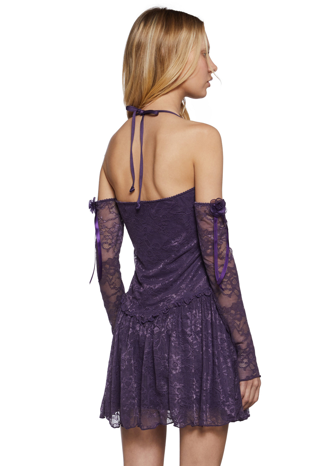 Womens Lace Cut Out Mini Dress With Gloves Widow - Purple - Image 4