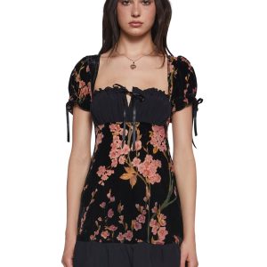 Womens Velvet Floral Babydoll Mini Dress Widow - Multi