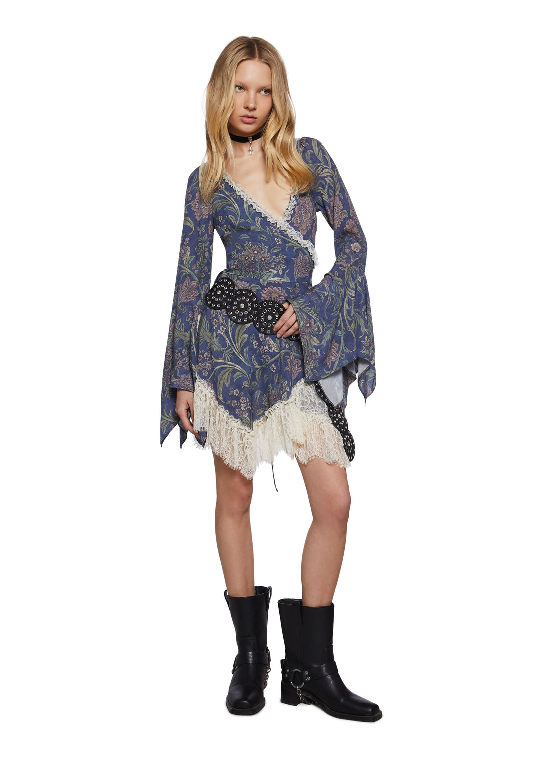 Womens Floral Lace Wrap Mini Dress Widow - Multi - Image 2