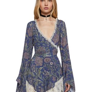 Womens Floral Lace Wrap Mini Dress Widow - Multi