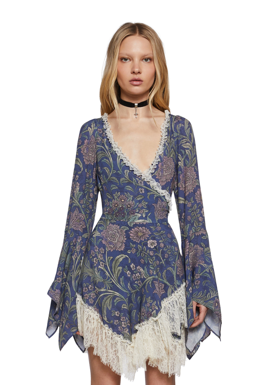 Womens Floral Lace Wrap Mini Dress Widow - Multi