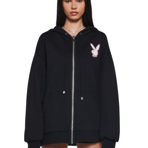 Dolls Kill x Playboy Playmate Fleece Logo Rhinestone Zip-Up Hoodie - Black