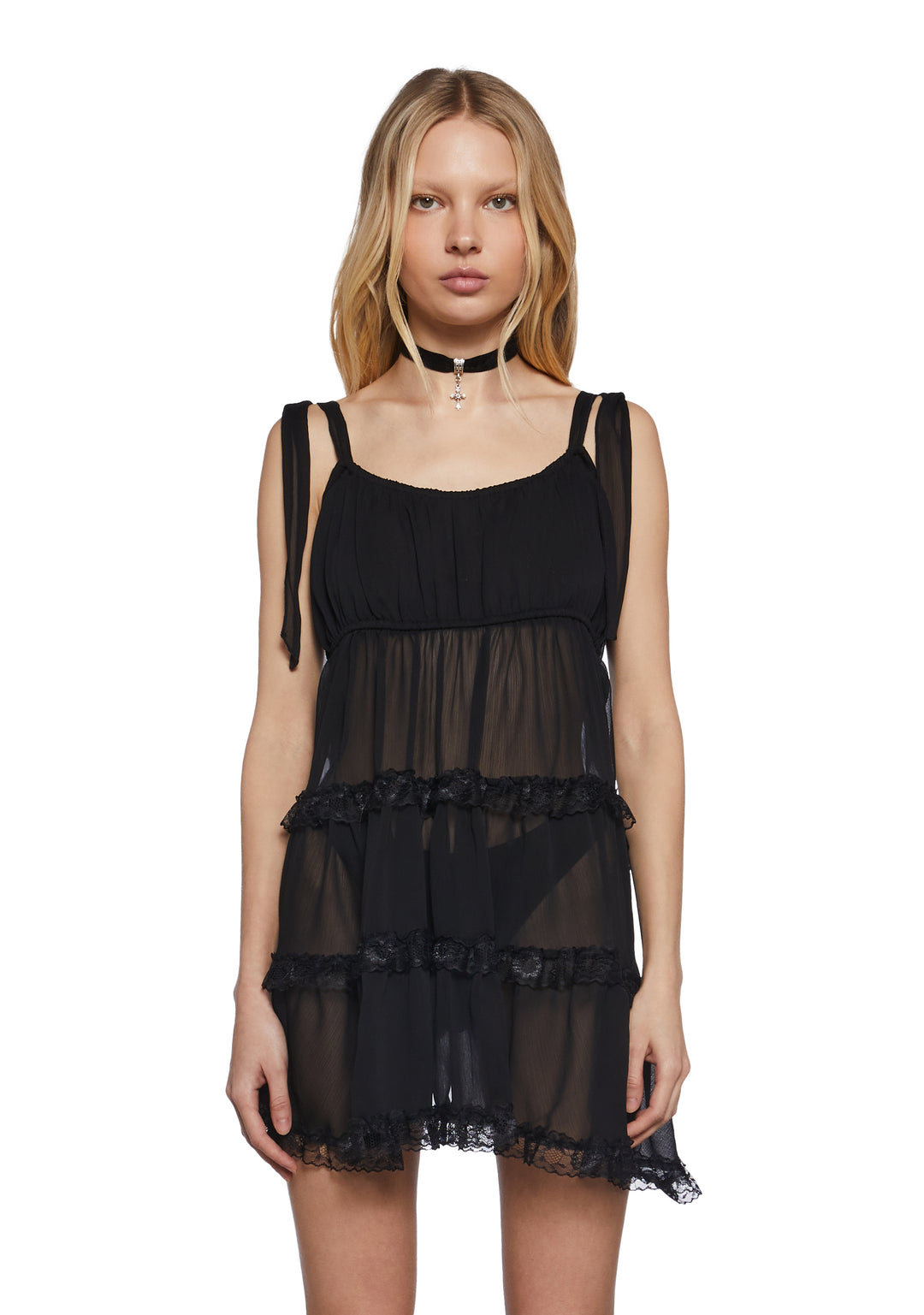 Womens Chiffon Sheer Babydoll Dress Widow - Black