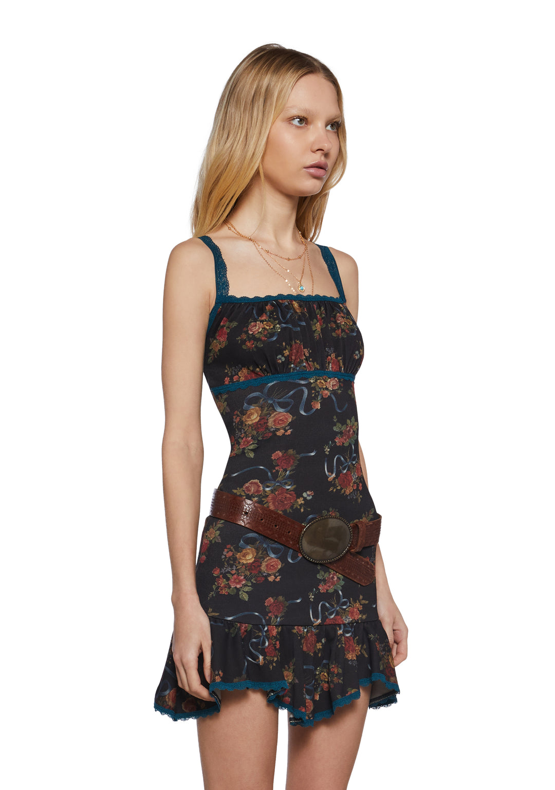 Womens Floral Ribbon Print Ribbed Mini Dress Current Mood - Multi - Image 3