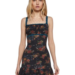 Womens Floral Ribbon Print Ribbed Mini Dress Current Mood - Multi