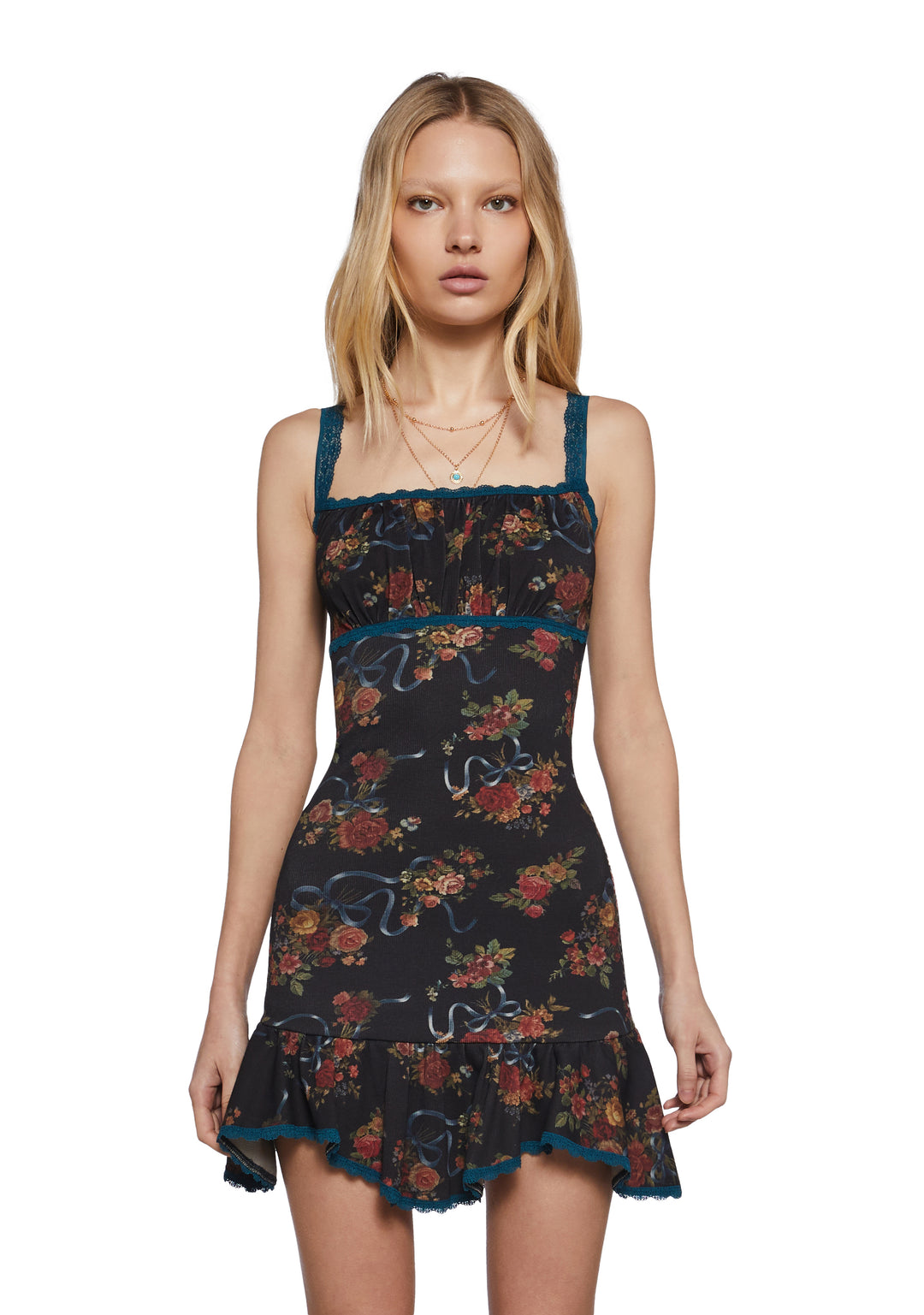 Womens Floral Ribbon Print Ribbed Mini Dress Current Mood - Multi