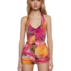 Tie Dye Sequined Romper Playsuit Festival Rave Club Exx Burning Man - Orange