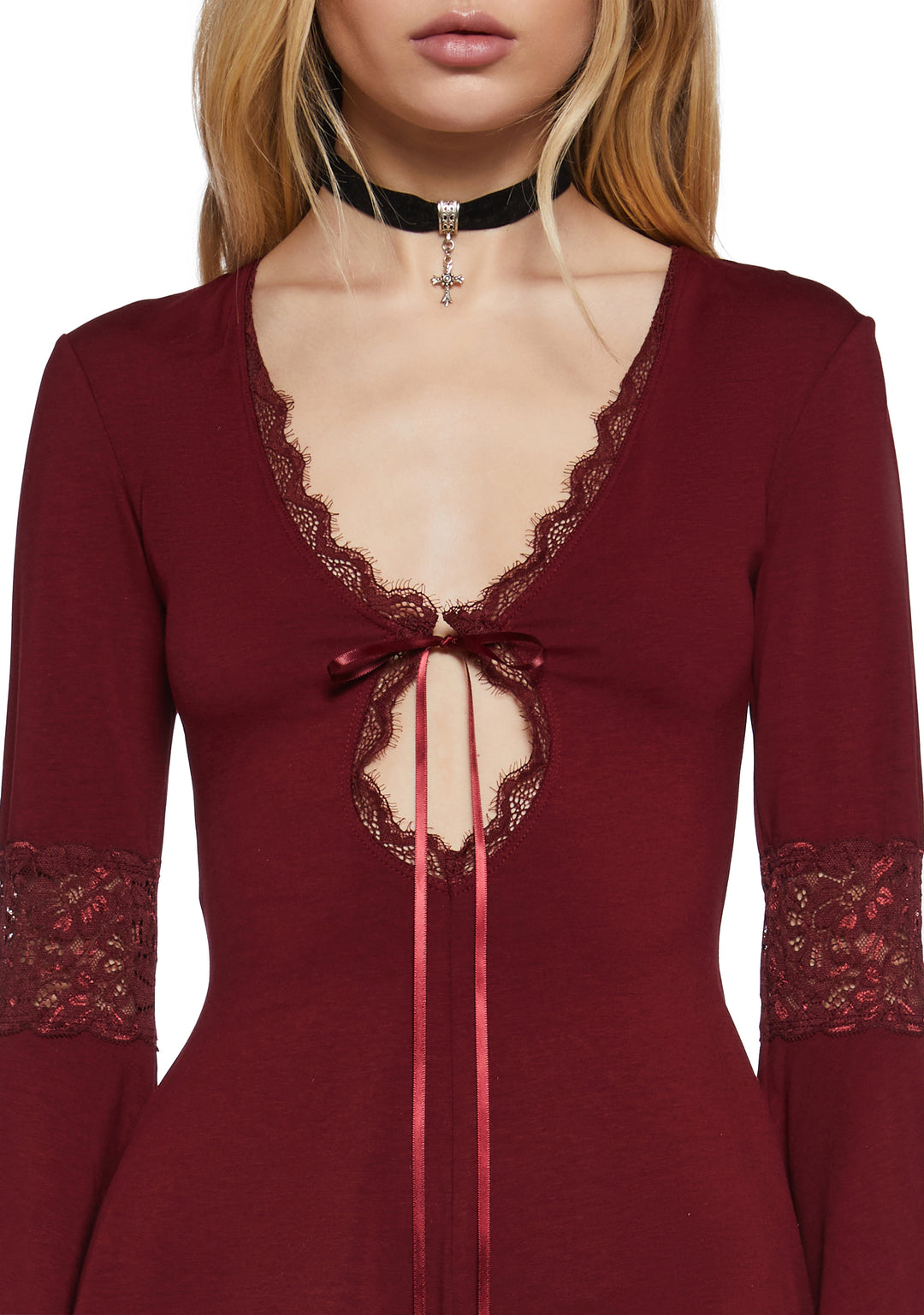 Goth Stretchy Knit Lace Romper Widow- Red - Image 5