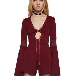 Goth Stretchy Knit Lace Romper Widow- Red