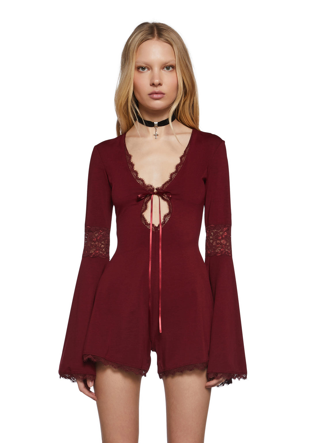 Goth Stretchy Knit Lace Romper Widow- Red