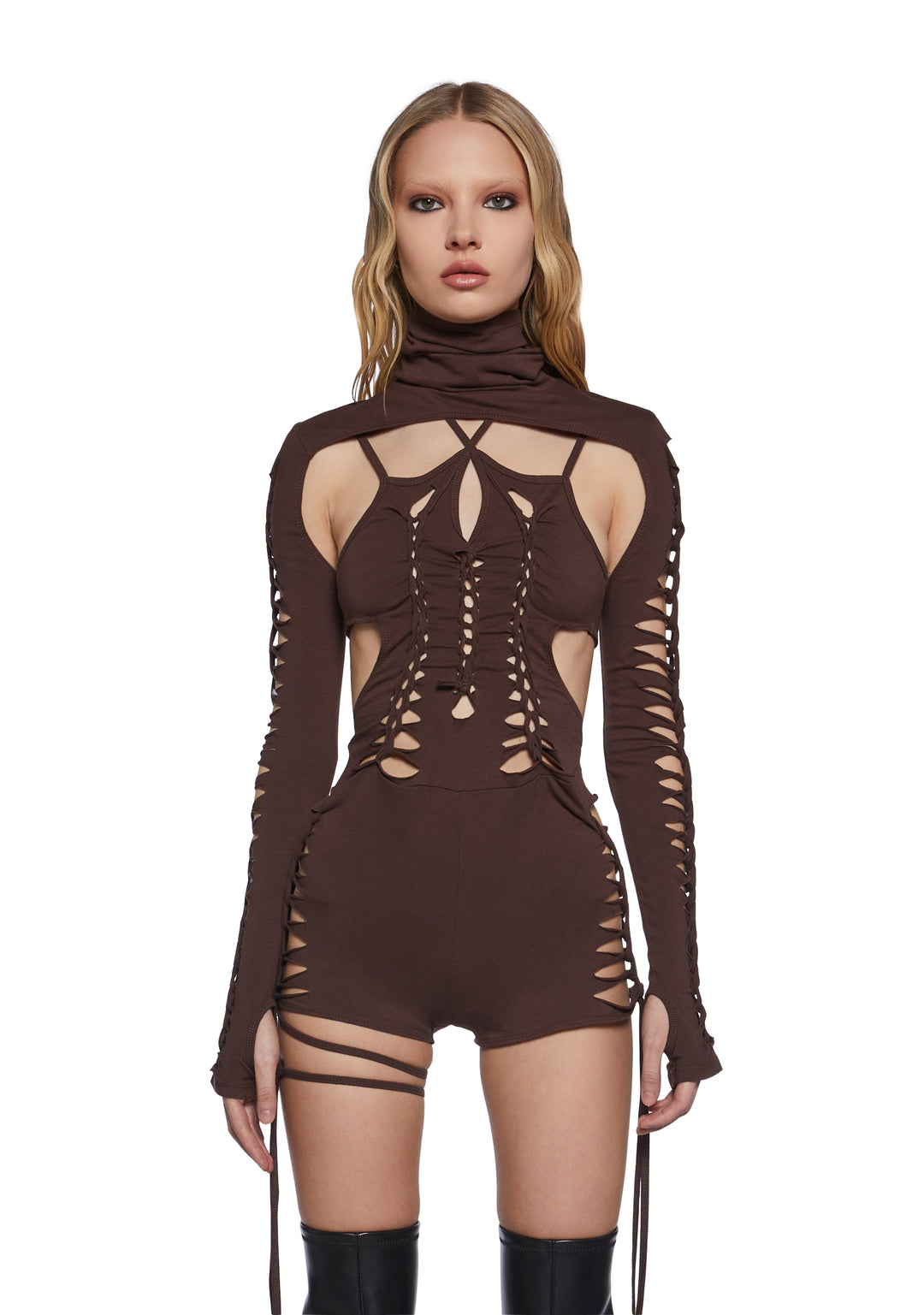 Womens Shredded Romper With Shrug Darker Wavs - Brown