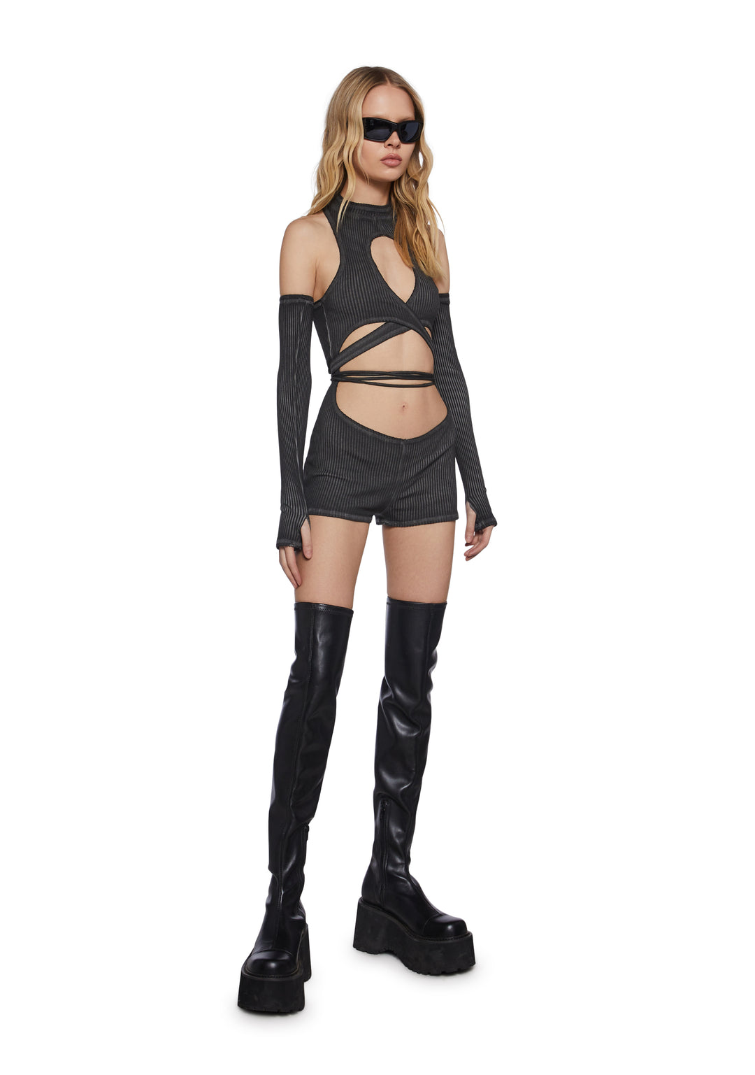 Womens Cotton Ribbed Romper With Gloves Darker Wavs - Gray - Image 2