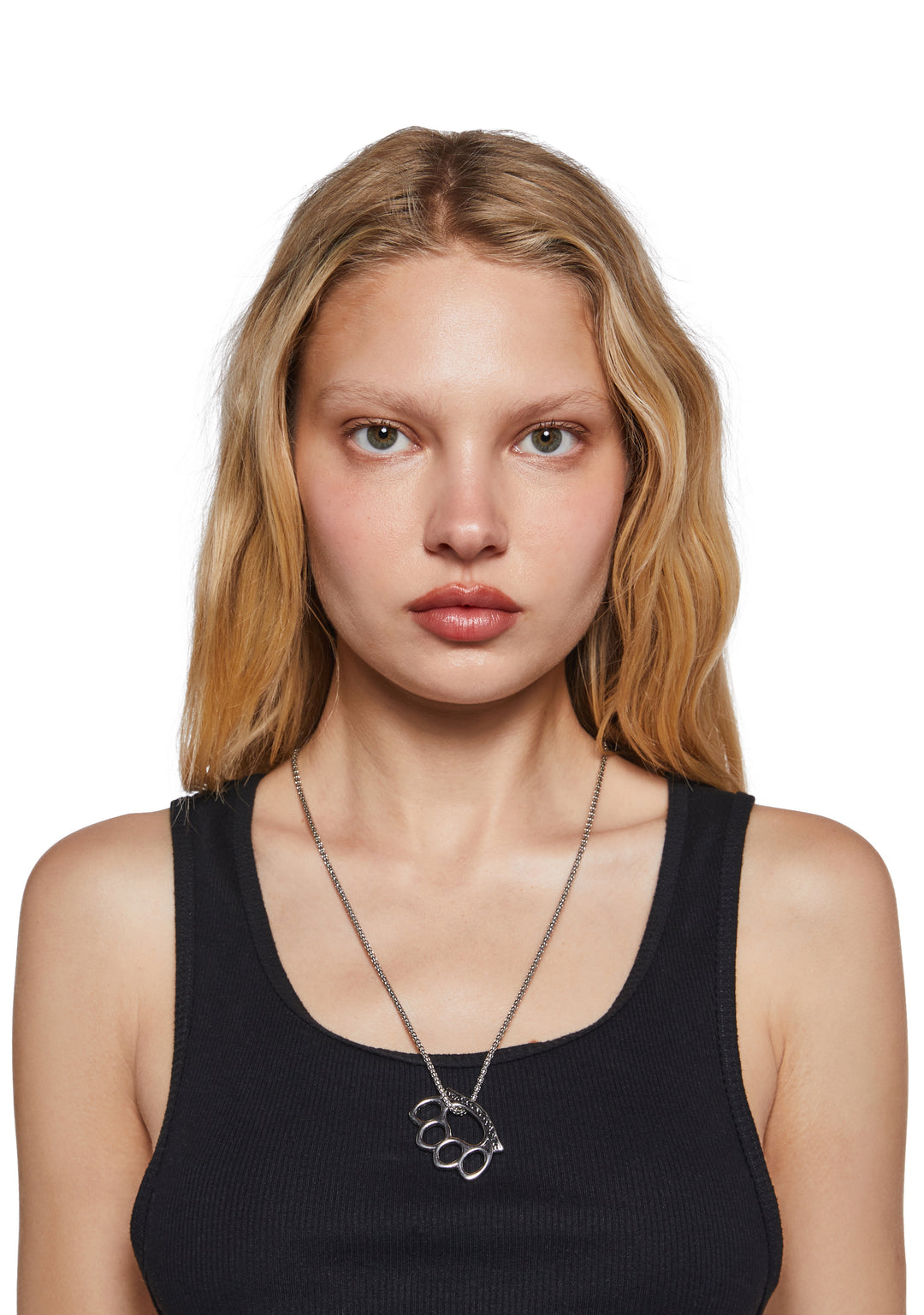 Womens Brass Knuckle Charm Pendant Necklace - Silver - Image 4