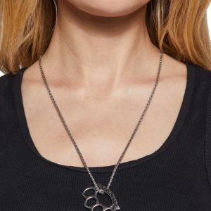 Womens Brass Knuckle Charm Pendant Necklace - Silver