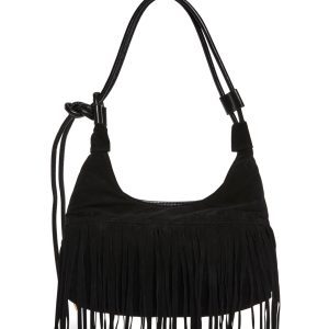 Vegan Leather Faux Suede Fringe Hobo Shoulder Bag - Black