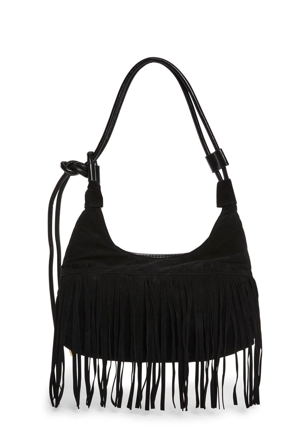 Vegan Leather Faux Suede Fringe Hobo Shoulder Bag - Black