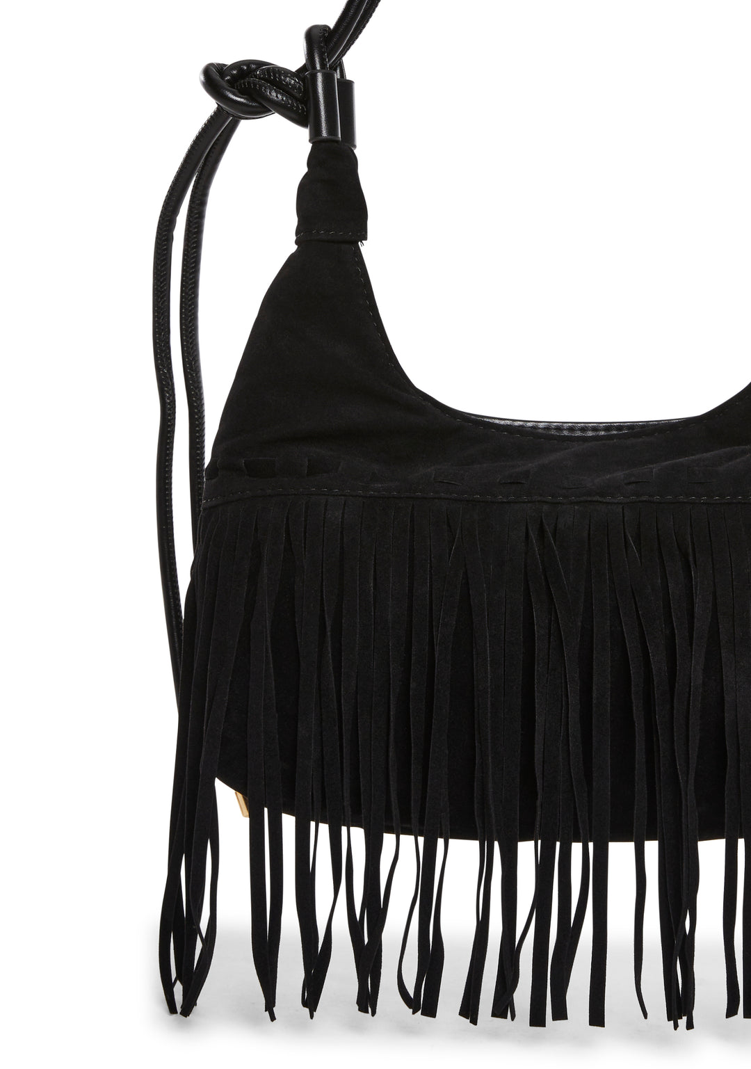 Vegan Leather Faux Suede Fringe Hobo Shoulder Bag - Black - Image 5