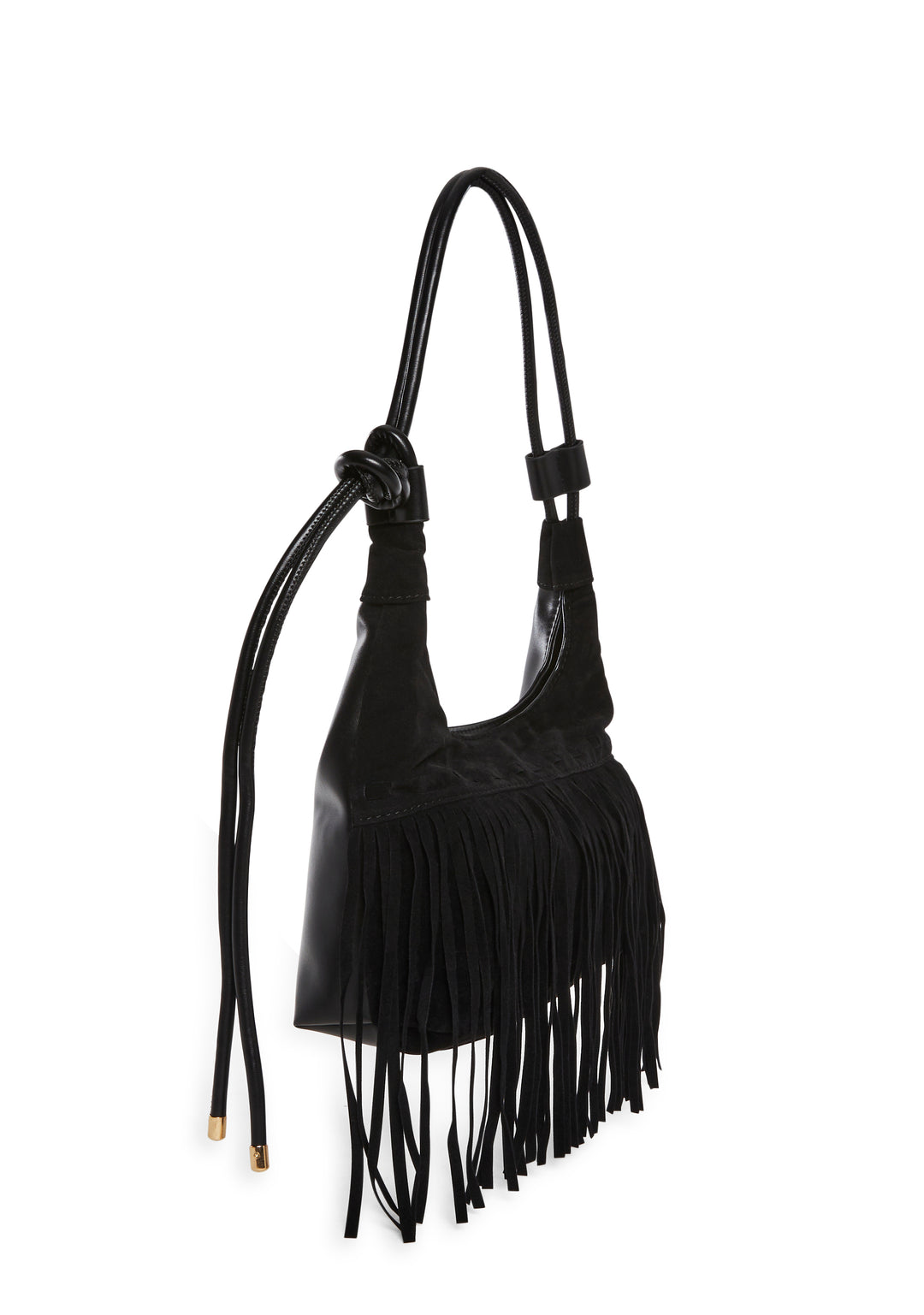 Vegan Leather Faux Suede Fringe Hobo Shoulder Bag - Black - Image 3