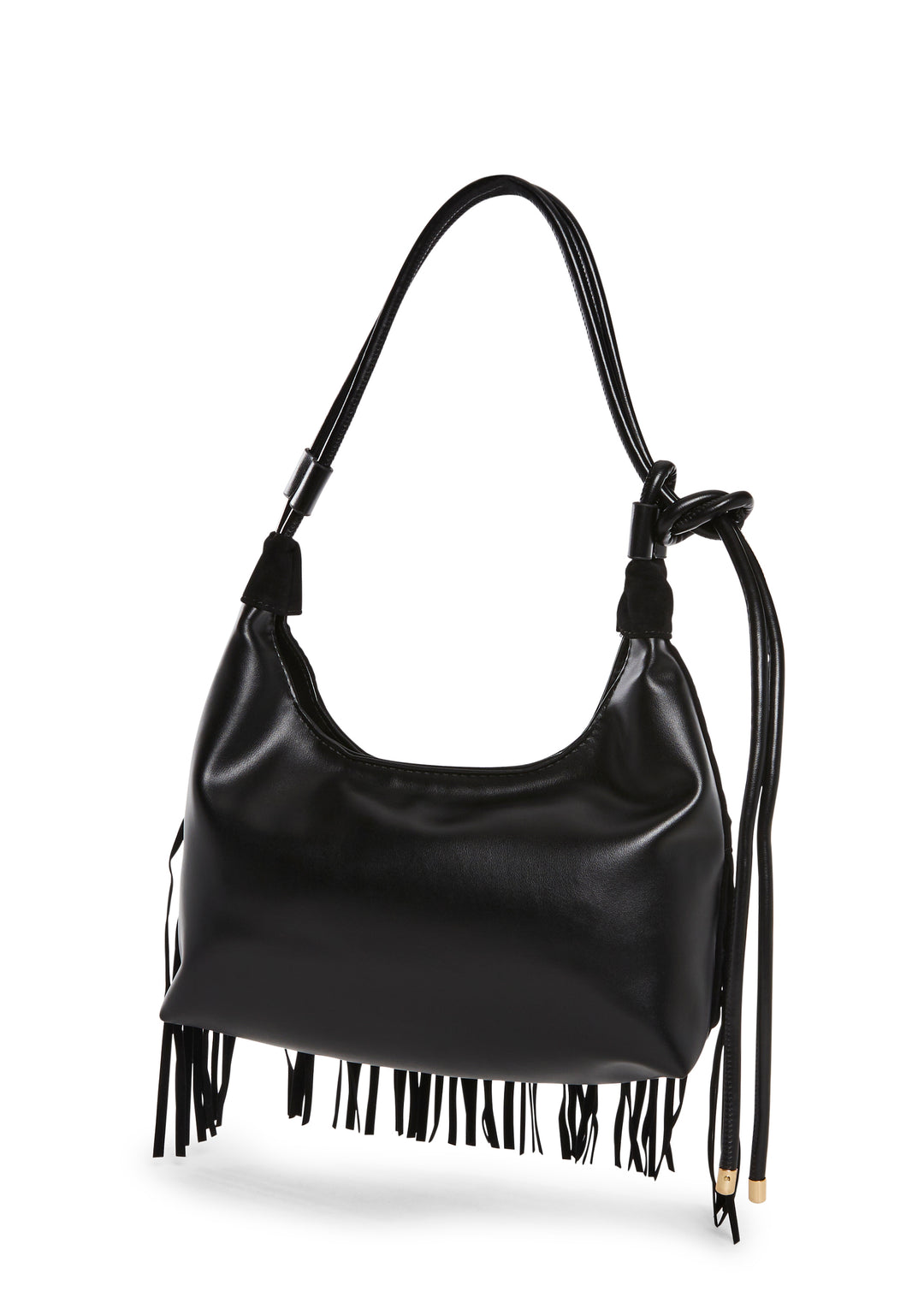 Vegan Leather Faux Suede Fringe Hobo Shoulder Bag - Black - Image 4