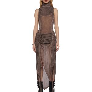 Womens Hooded Ruched Harness Dress Darker Wavs - Brown