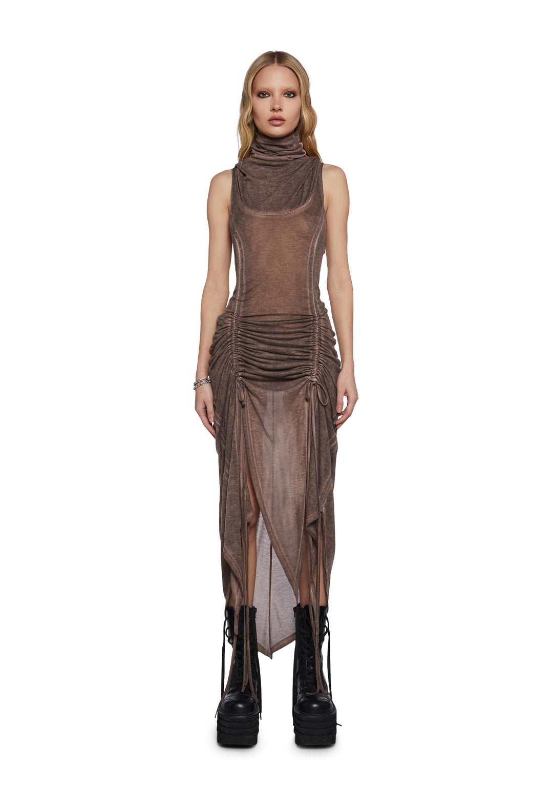 Womens Hooded Ruched Harness Dress Darker Wavs - Brown