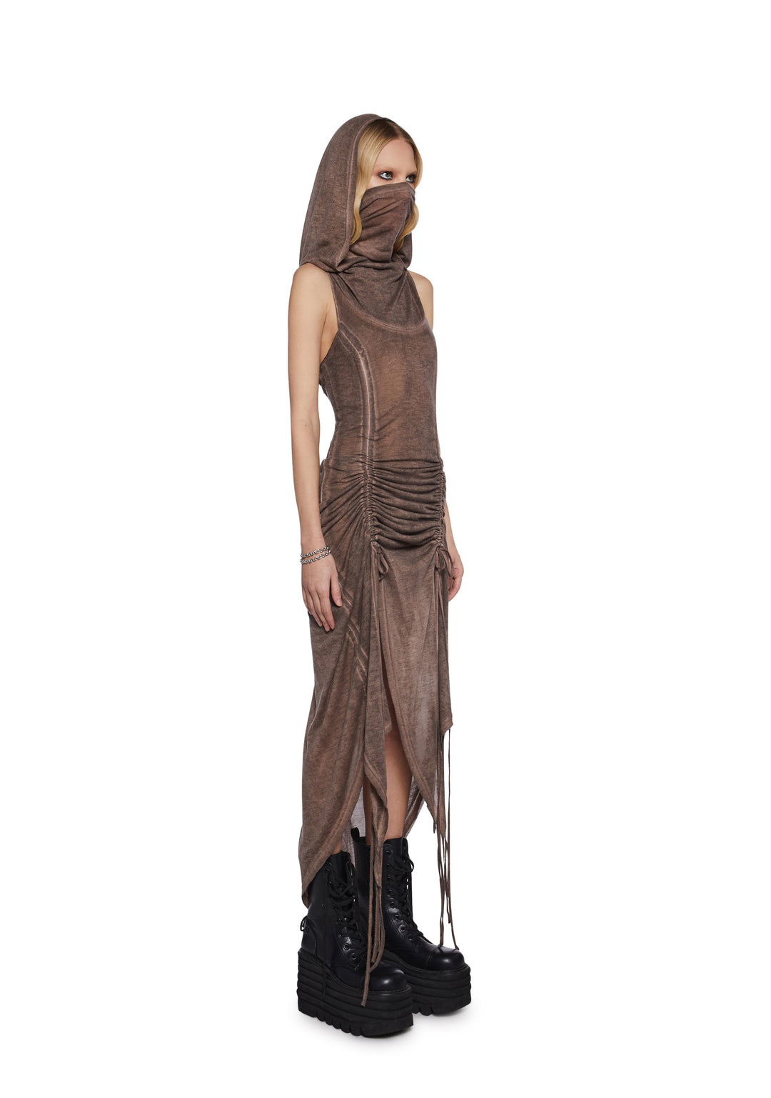 Womens Hooded Ruched Harness Dress Darker Wavs - Brown - Image 5