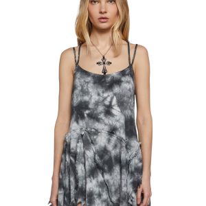 Womens Floral Print Tie Dye Mini Dress Widow - Gray