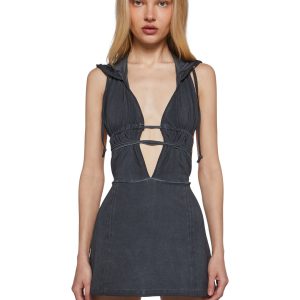 Womens Charcoal Washed Backless Hooded Dress Darker Wavs - Black