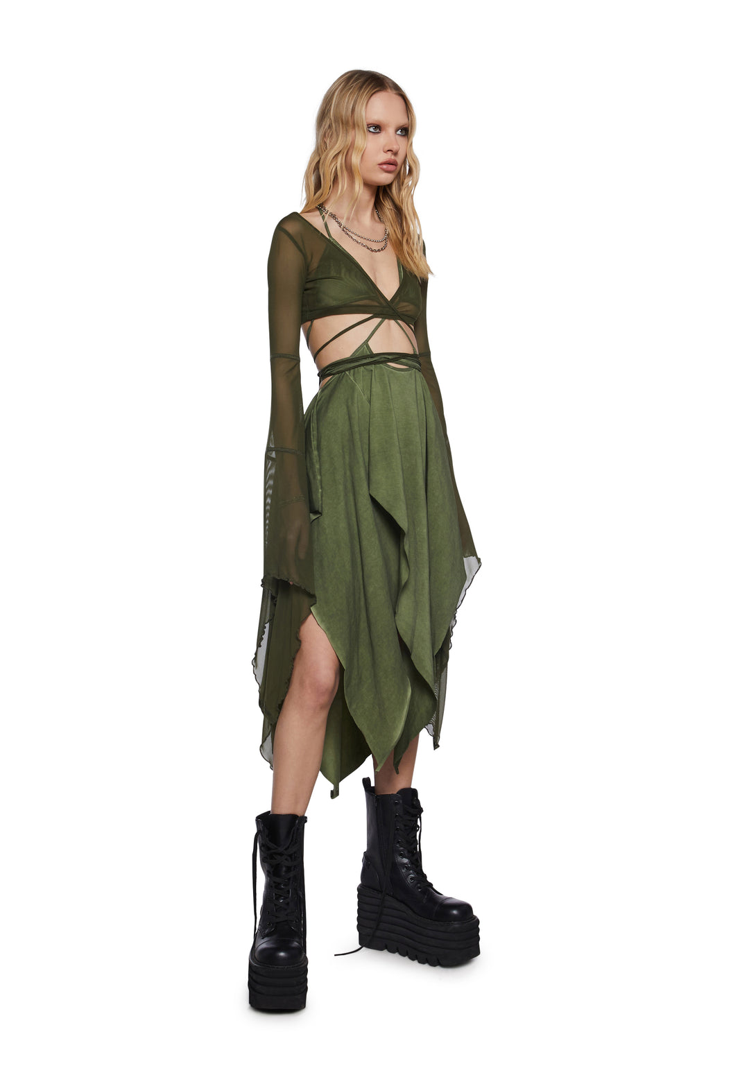 Womens Asymmetrical Mesh Wrap Midi Dress Darker Wavs - Green - Image 5