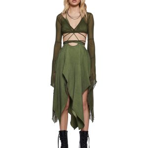 Womens Asymmetrical Mesh Wrap Midi Dress Darker Wavs - Green