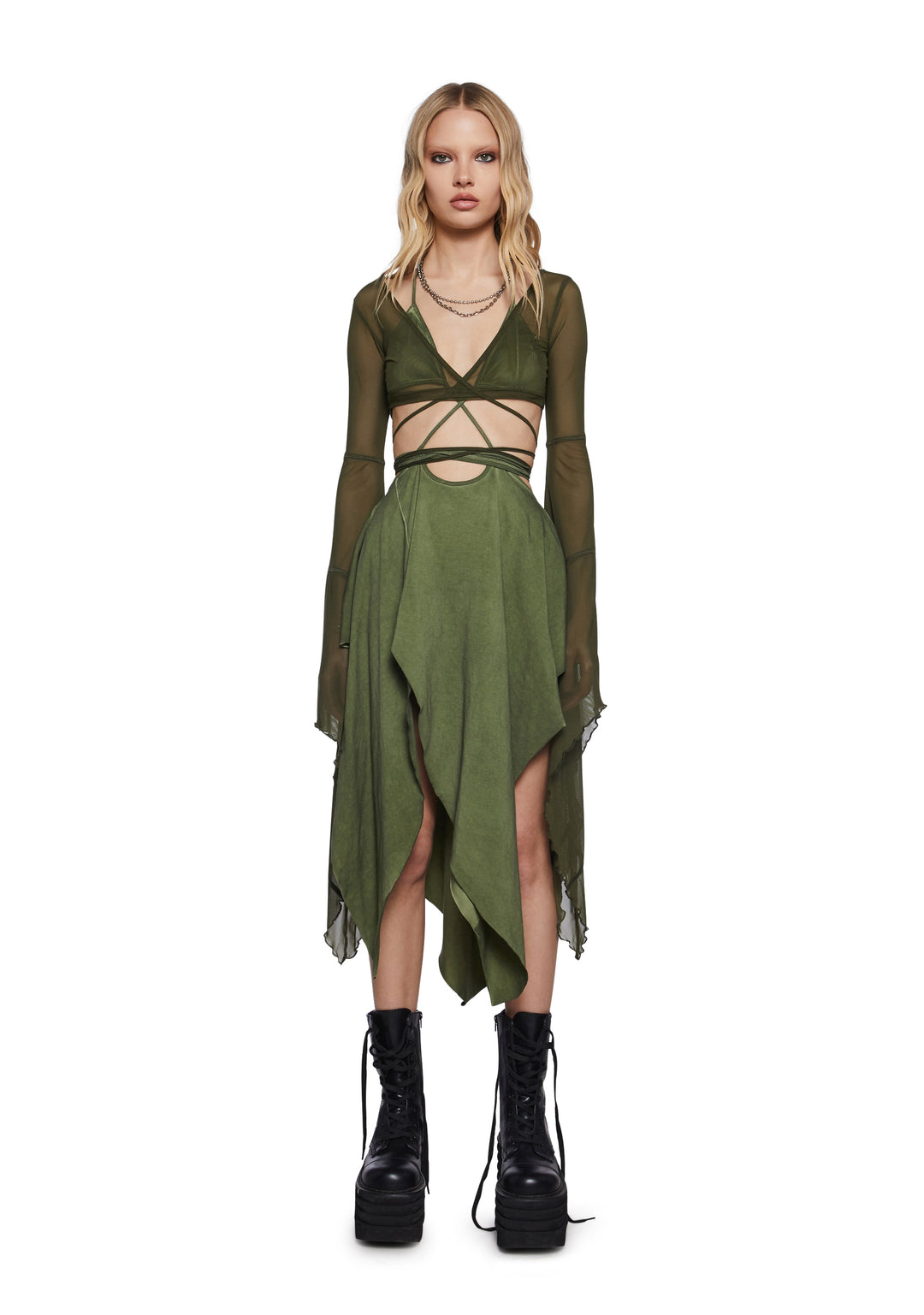 Womens Asymmetrical Mesh Wrap Midi Dress Darker Wavs - Green