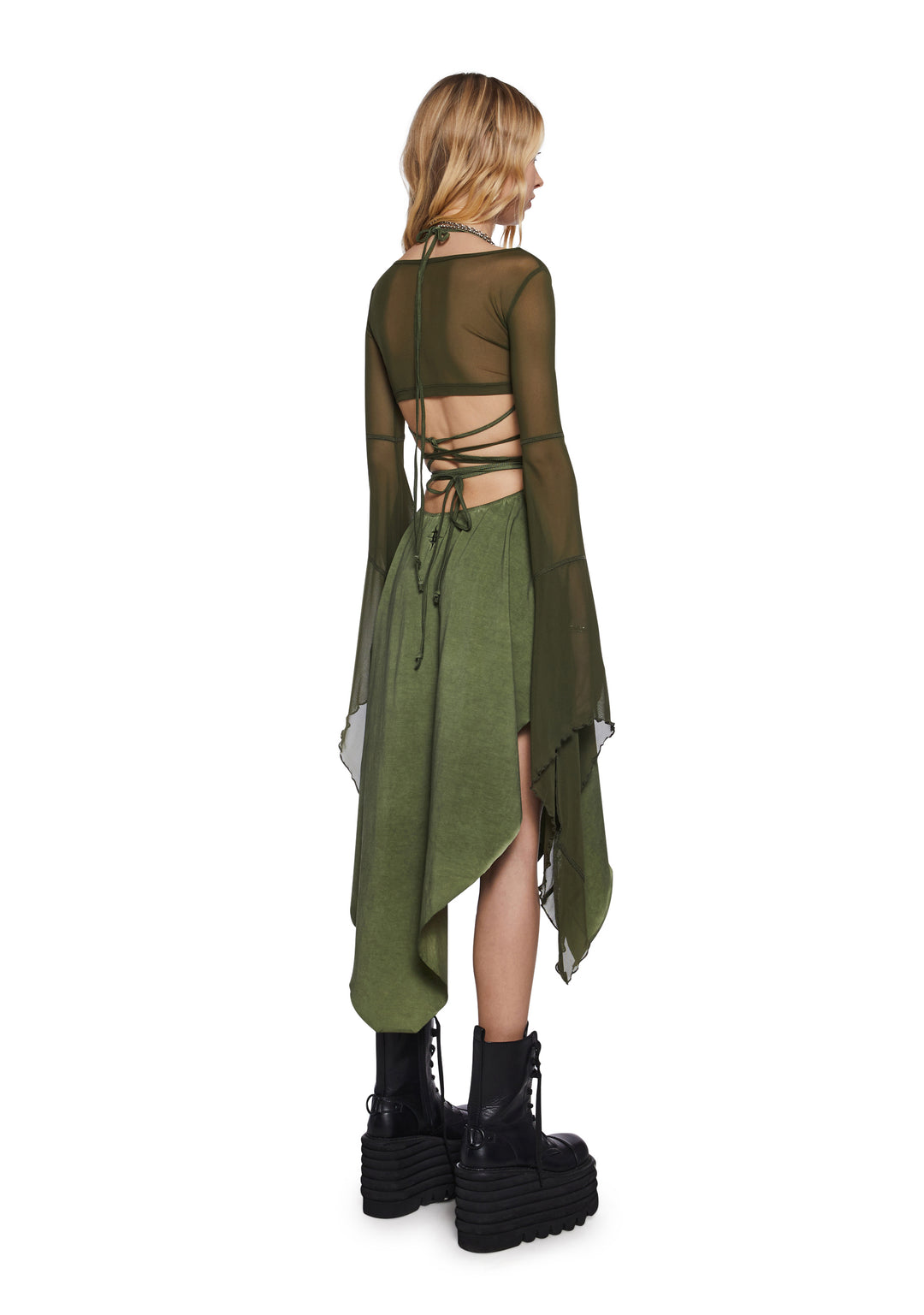 Womens Asymmetrical Mesh Wrap Midi Dress Darker Wavs - Green - Image 4