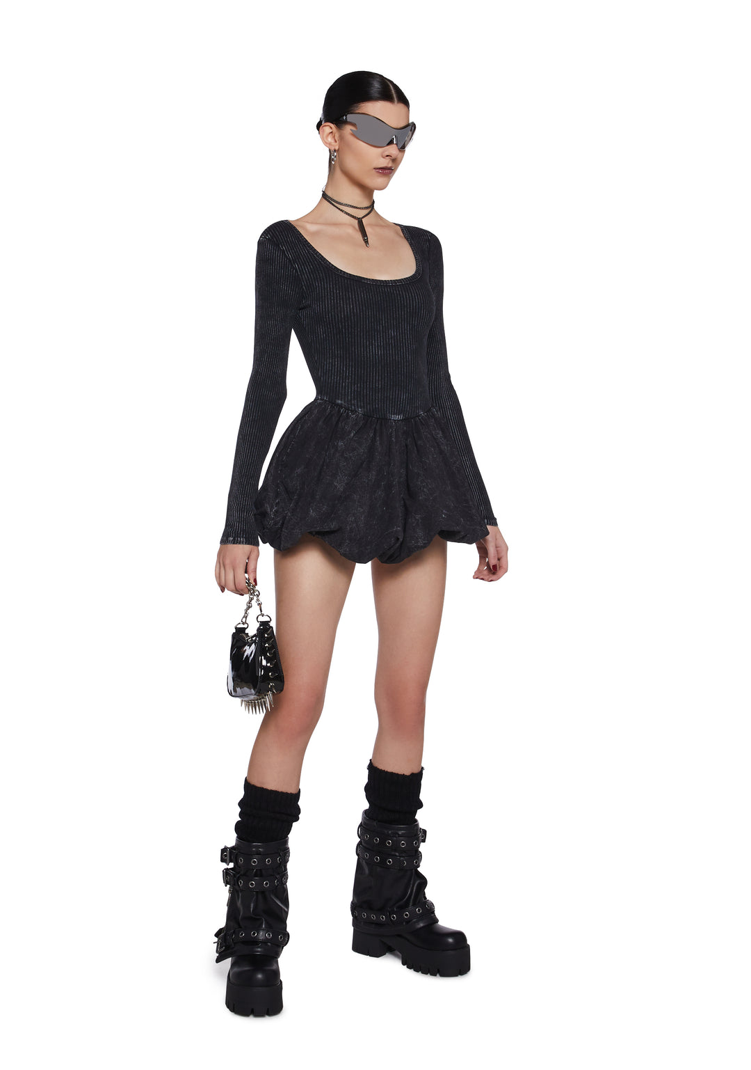 Womens Sexy 90s Y2K Washed Skater Mini Dress With Bubble Skirt - Black - Image 2