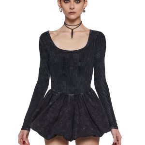 Womens Sexy 90s Y2K Washed Skater Mini Dress With Bubble Skirt - Black