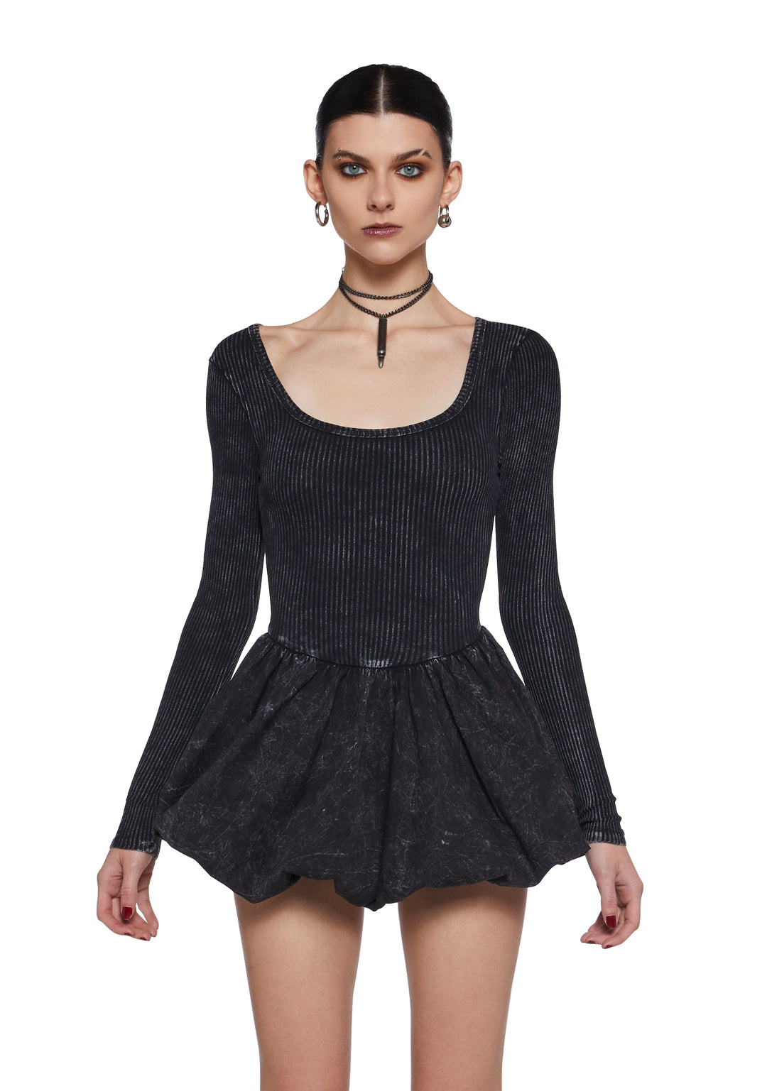 Womens Sexy 90s Y2K Washed Skater Mini Dress With Bubble Skirt - Black