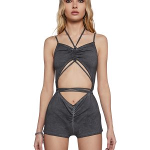 Womens Sexy V Cut Ruched Open Back Romper Darker Wavs - Black