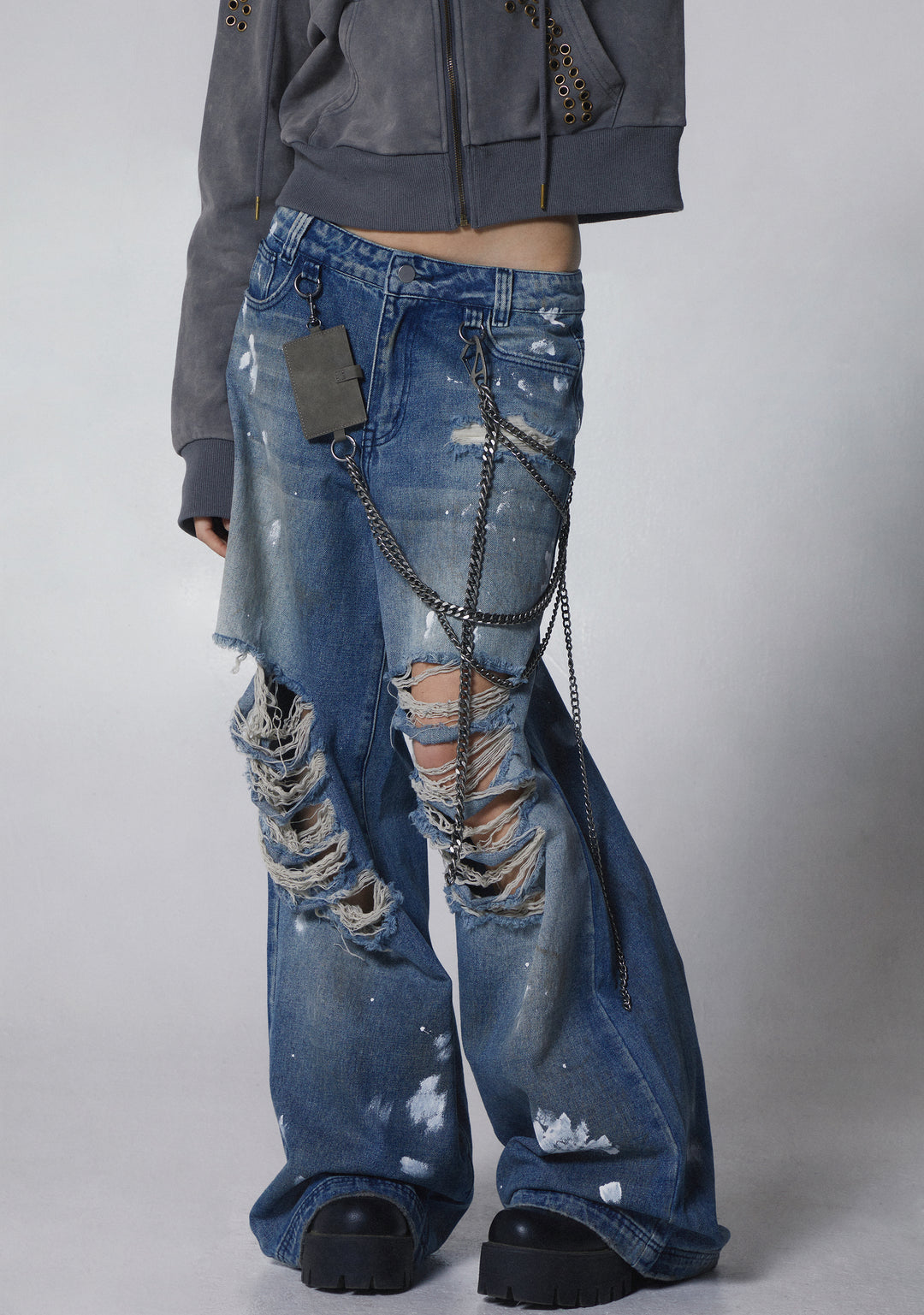Womens Distressed Wide Leg Jeans With Chains Current Mood - Blue - Image 5